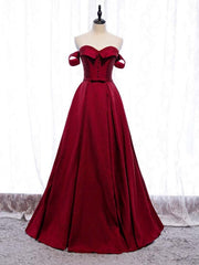 Burgundy Satin Off the Shoulder Beading Prom Dresses