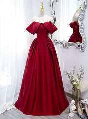 Burgundy Satin Off the Shoulder Long Prom Dresses