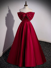 Burgundy Satin Off the Shoulder Pearls Bow Prom Dresses