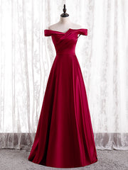 Burgundy Satin Off the Shoulder Pleats Long Prom Dresses