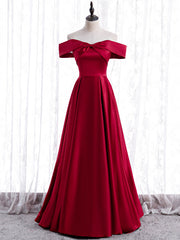 Burgundy Satin Off the Shoulder Prom Dresses