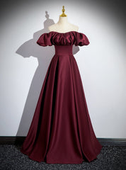 Burgundy Satin Off the Shoulder Puff Sleeve Pleats Prom Dresses