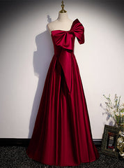 Burgundy Satin One Shoulder Bow Prom Dresses