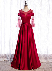 Burgundy Satin Short Sleeve Beading Backless Prom Dresses