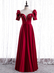 Burgundy Satin Short Sleeve Pearls Prom Dresses