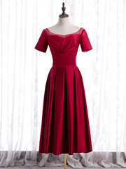 Burgundy Satin Short Sleeve Pleats Backless Short Prom Dresses