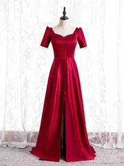 Burgundy Satin Short Sleeve Prom Dresses With Split