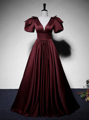 Burgundy Satin Short Sleeve V-neck Prom Dresses