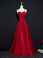 Burgundy Satin Spaghetti Straps Beading Prom Dresses