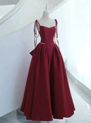 Burgundy Satin Spaghetti Straps Bow Prom Dresses