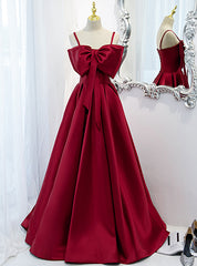 Burgundy Satin Spaghetti Straps Prom Dresses With Bow