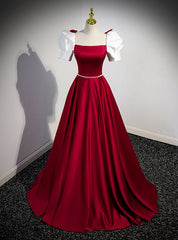 Burgundy Satin Square Neck Short Sleeve Prom Dresses