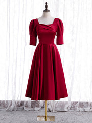 Burgundy Satin Square Short Sleeve Tea Length Prom Dresses