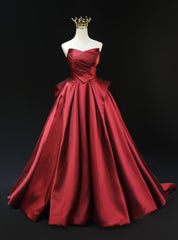 Burgundy Satin Srapless Pleats Prom Dresses