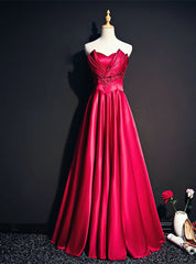 Burgundy Satin Strapless Beading Prom Dresses