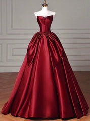 Burgundy Satin Strapless Bow Prom Dresses