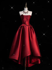 Burgundy Satin Strapless  Prom Dresses