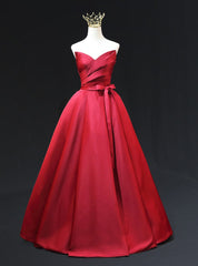 Burgundy Satin Strapless Pleats Prom Dresses With Belt