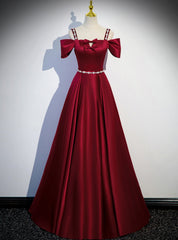 Burgundy Satin Straps Bow Prom Dresses