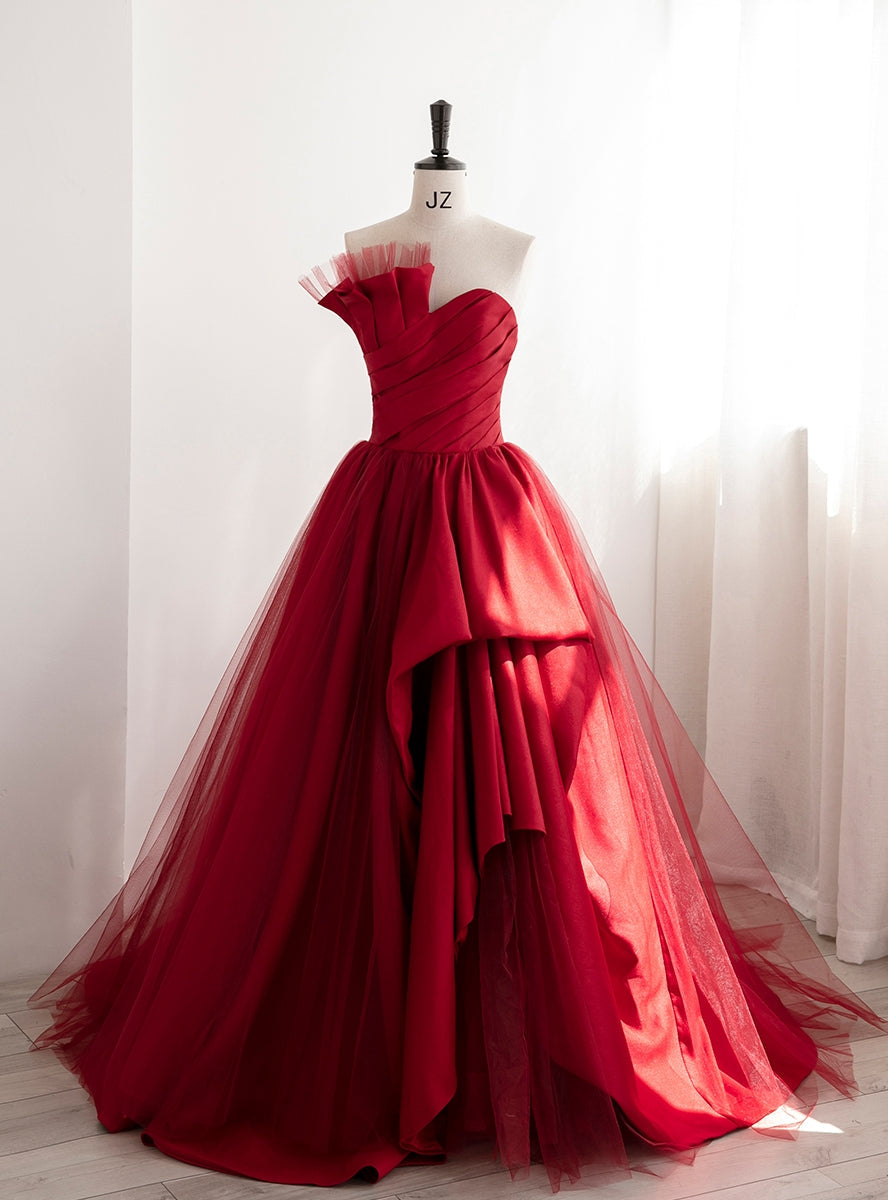 Burgundy Satin Tulle Strapless Pleats Prom Dress