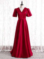 Burgundy Satin V-neck Backless Short Sleeve Prom Dresses