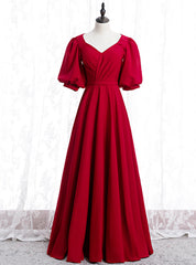 Burgundy Satin V-neck Puff Sleeve Pleats Prom Dresses