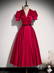 Burgundy Satin V-neck Puff Sleeve Prom Dresses