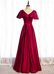 Burgundy Satin V-neck Short Sleeve Prom Dresses