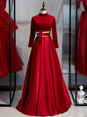 Burgundy Satin Velvet Long Sleeve Cut Out Prom Dresses