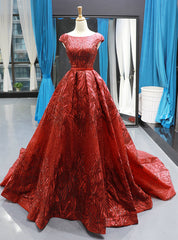 Burgundy Sequins Ball Gown Cap Sleeve Backless Prom Dress