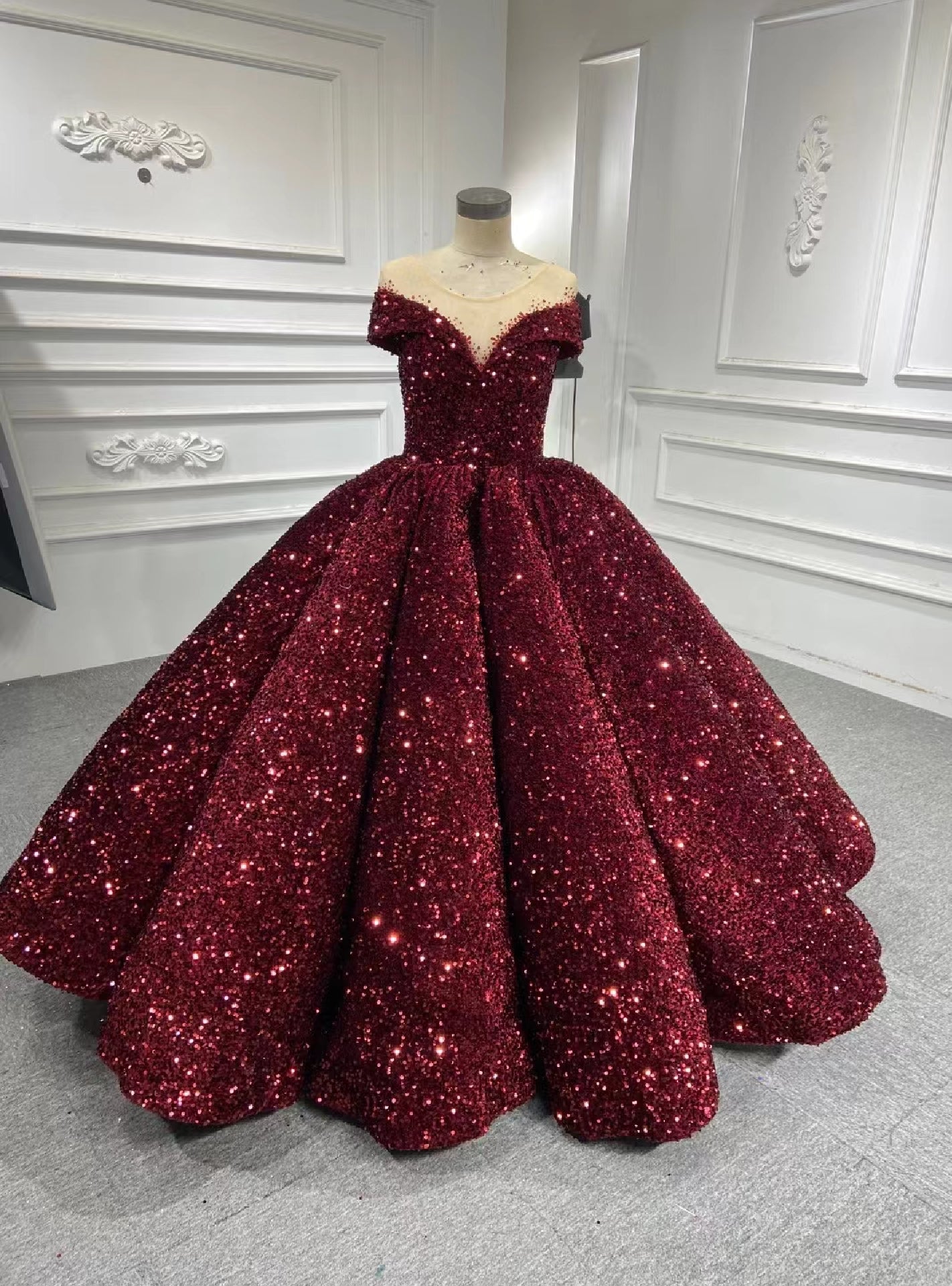 Burgundy Sequins Ball Gown Cap Sleeve Prom Dress