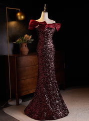 Burgundy Sequins Mermaid Off the Shoulder Prom Dresses