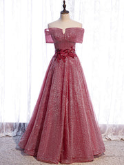 Burgundy Sequins Off the Shoulder Appliques Prom Dresses