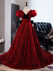 Burgundy Sequins Puff Sleeve Prom Dresses