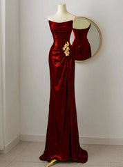 Burgundy Sequins Strapless Pleats Prom Dresses