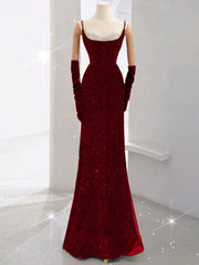 Burgundy Sequins Straps Beading Prom Dresses