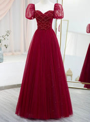 Burgundy Sequins Tulle Puff Sleeve Beading Prom Dresses