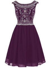 Burgundy Short Mini Chiffon Scoop Cap Sleeve Homecoming Dresses