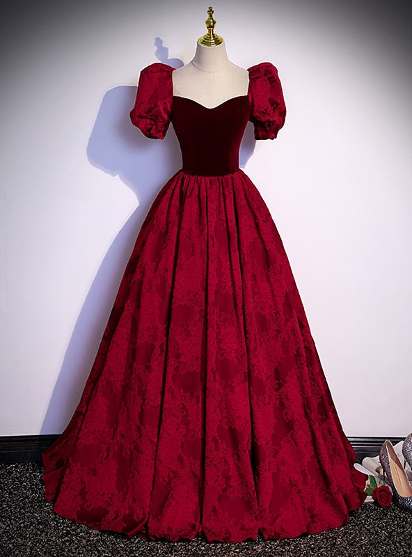 Burgundy Square Square Puff Sleeve Prom Dress