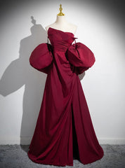 Burgundy Strapless Pleats Puff Sleeve Prom Dress