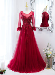 Burgundy Tulle Appliques Beading Backless Prom Dresses