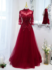 Burgundy Tulle Appliques Beading Short Sleeve Prom Dresses