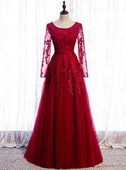 Burgundy Tulle Appliques Long Sleeve Prom Dresses