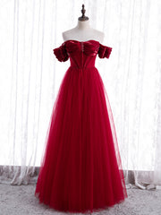 Burgundy Tulle Beading Off the Shoulder Prom Dresses