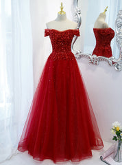 Burgundy Tulle Beading Sequins Off the Shoulder Prom Dresses