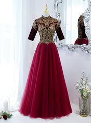 Burgundy Tulle Beading Short Sleeve Prom Dresses