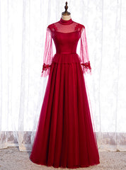 Burgundy Tulle High Neck Long Sleeve Backless Prom Dresses