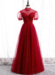 Burgundy Tulle High Neck Short Sleeve Beading Sequins Prom Dresses