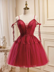 Burgundy Tulle Lace Spaghetti Straps Homecoming Dresses