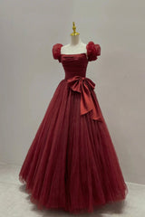 Burgundy Tulle Long A-Line Prom Dress, Lovely Evening Graduation Dress